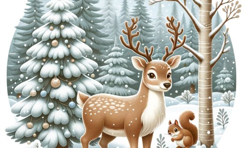 Une illustration pour enfants représentant un renne différent des autres, avec un nez rouge brillant, qui vit dans une forêt enneigée et qui découvre que la différence est une force.
