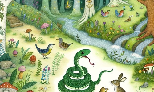 Une illustration pour enfants représentant un serpent curieux découvrant l'amitié et la sagesse au cœur d'une forêt enchantée.