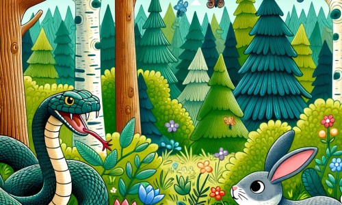 Une illustration destinée aux enfants représentant un serpent curieux et affamé, accompagné d'un lapin malicieux, explorant une forêt dense aux arbres majestueux, remplie de couleurs vives et de fleurs chatoyantes.