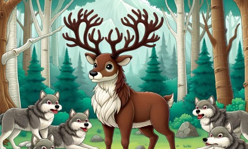 Une illustration destinée aux enfants représentant un renne au pelage brun et aux bois majestueux, se tenant courageusement devant une meute de loups affamés, dans une forêt enchantée où les arbres semblent danser avec la brise légère.