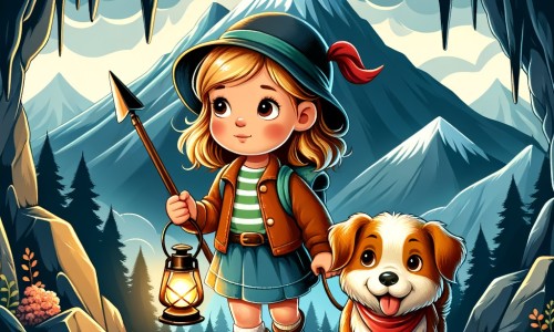 Une illustration destinée aux enfants représentant une petite fille courageuse se lançant dans une aventure périlleuse à la recherche d'un trésor caché, accompagnée d'un adorable chien loyal, dans une montagne majestueuse avec une grotte sombre et mystérieuse.