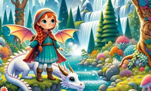 Une illustration destinée aux enfants représentant une petite fille intrépide se tenant au bord d'une cascade étincelante, accompagnée d'un dragon protecteur, dans une forêt enchantée remplie de fleurs colorées et d'arbres majestueux.