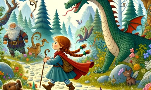 Une illustration pour enfants représentant une petite fille curieuse partant à l'aventure dans une forêt enchantée pour découvrir un monde merveilleux rempli de créatures fantastiques.