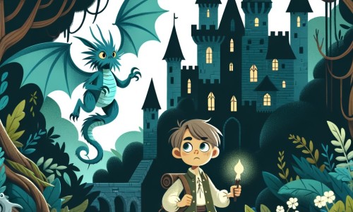 Une illustration destinée aux enfants représentant un petit garçon curieux et intrépide, accompagné d'une créature magique, explorant un château sombre et effrayant dans une forêt mystérieuse et luxuriante.