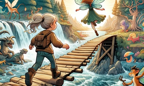 Une illustration pour enfants représentant une petite fille courageuse partant à l'aventure dans une forêt sombre et mystérieuse pour découvrir un monde merveilleux.