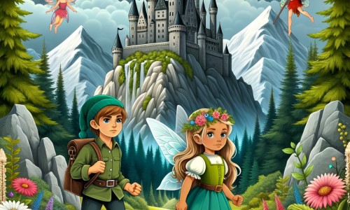 Une illustration pour enfants représentant une petite fille courageuse qui part à l'aventure dans une forêt enchantée située au pied d'une montagne.