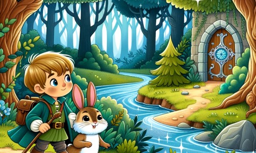 Une illustration destinée aux enfants représentant un petit garçon intrépide, accompagné d'un adorable lapin, explorant une forêt enchantée avec des arbres majestueux, une rivière étincelante et une clairière secrète abritant une mystérieuse porte.
