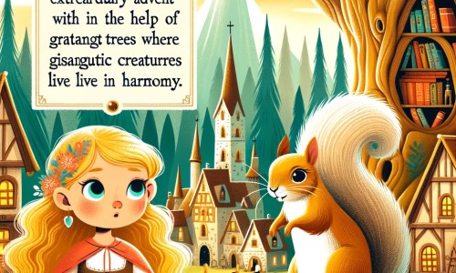 Une illustration pour enfants représentant une petite fille curieuse, découvrant un mystérieux coffret dans un village enchanteur au cœur d'une forêt magique.