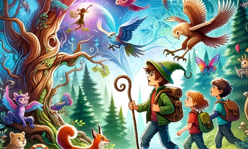 Une illustration destinée aux enfants représentant un jeune aventurier intrépide, accompagné de ses amis, explorant une forêt mystérieuse avec des arbres majestueux, des animaux colorés et des créatures magiques.