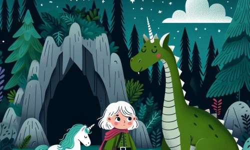 Une illustration destinée aux enfants représentant une petite fille intrépide se tenant devant une mystérieuse grotte, accompagnée d'un dragon blessé, dans une forêt dense et enchantée où des licornes galopent sous un ciel étoilé.