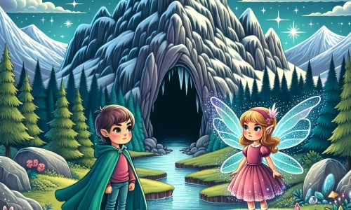 Une illustration pour enfants représentant une petite fille courageuse à la recherche d'un trésor légendaire dans une grotte mystérieuse située au sommet d'une montagne entourée de forêts.