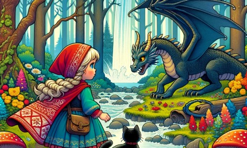 Une illustration pour enfants représentant une petite fille courageuse qui se lance dans une quête périlleuse pour aider un dragon blessé dans une forêt enchantée.
