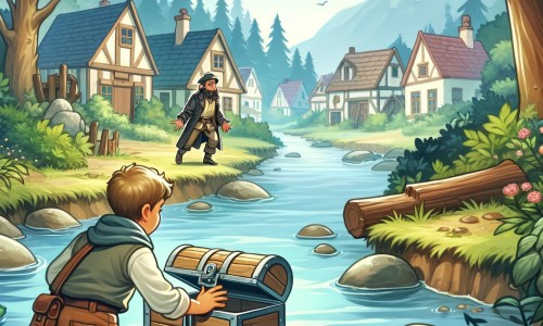 Une illustration pour enfants représentant un jeune aventurier, découvrant un mystérieux coffre flottant sur une rivière, dans un village paisible.