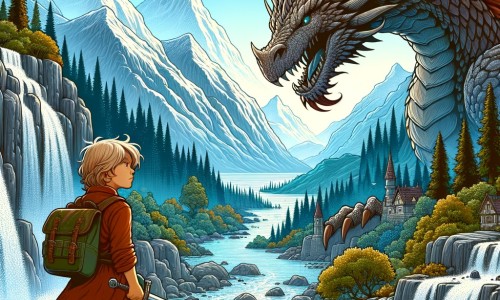 Une illustration destinée aux enfants représentant un jeune aventurier intrépide se trouvant face à un dragon colossal dans une vallée enchantée remplie de cascades scintillantes et de montagnes majestueuses.