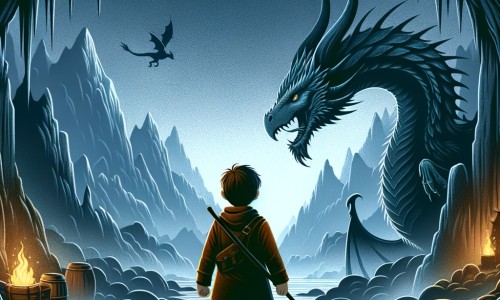 Une illustration destinée aux enfants représentant un petit garçon plein de courage se trouvant face à un dragon majestueux dans une grotte sombre et mystérieuse, prêt à vivre une incroyable aventure.