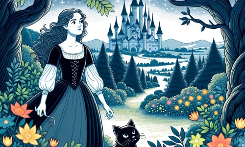Une illustration destinée aux enfants représentant une jeune femme intrépide, au cœur vaillant, se trouvant dans une forêt enchantée où les arbres semblent danser et les fleurs briller de mille couleurs, accompagnée d'un chat malin à la fourrure noire comme la nuit, dans le royaume lointain d'un château majestueux.
