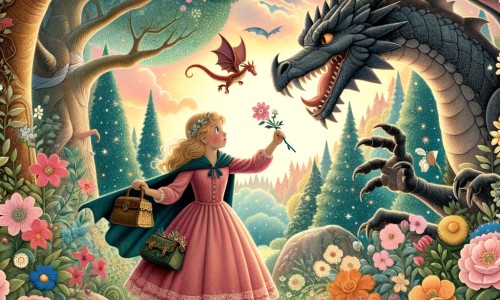 Une illustration destinée aux enfants représentant une jeune femme courageuse, vêtue d'une robe rose et tenant un sac magique, affrontant un dragon féroce dans une forêt enchantée remplie de fleurs colorées et d'arbres majestueux.