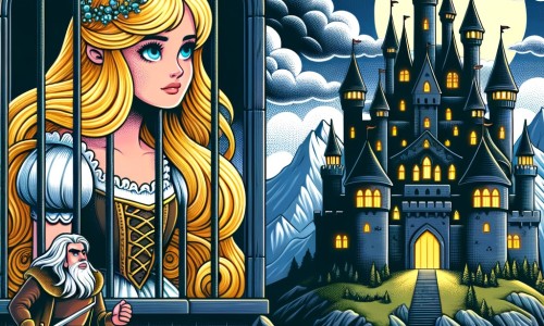 Une illustration destinée aux enfants représentant une jeune femme aux cheveux d'or, capturée par un roi jaloux, et emprisonnée dans un château sombre et sinistre, entouré de hautes montagnes et de nuages menaçants, dans un royaume enchanté.