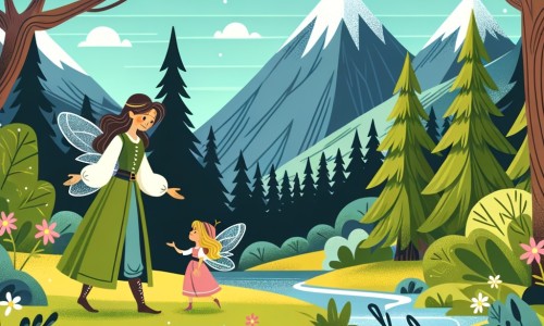 Une illustration destinée aux enfants représentant une femme courageuse se trouvant dans une forêt enchantée, venant en aide à une petite fée coincée dans un ruisseau, entourée de montagnes majestueuses et de arbres verdoyants.