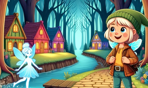 Une illustration pour enfants représentant une jeune femme courageuse se tenant devant une mystérieuse fleur magique, dans un village enchanteur au bord de la forêt.