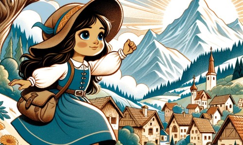 Une illustration pour enfants représentant une jeune femme courageuse, plongée dans une aventure enchantée, se déroulant dans un village au pied d'une montagne.