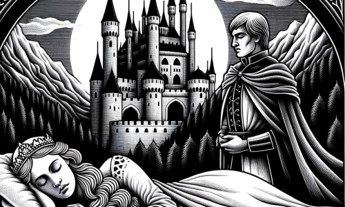 Une illustration destinée aux enfants représentant une femme gracieuse et courageuse, plongée dans un profond sommeil, accompagnée d'un prince déterminé, dans un château majestueux entouré de montagnes escarpées et de forêts sombres.