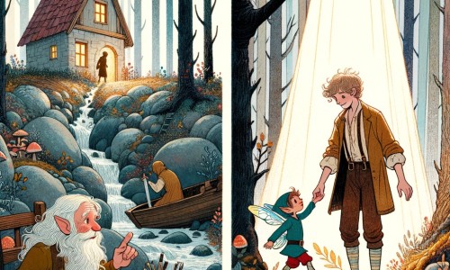 Une illustration destinée aux enfants représentant un homme solitaire, vivant dans une petite maison en lisière d'une forêt enchantée, qui fait la rencontre d'un adorable lutin blessé, et découvre ainsi le pouvoir de l'amitié et du partage.