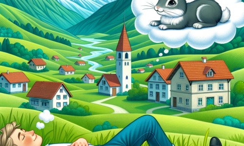 Une illustration destinée aux enfants représentant un homme rêveur, allongé dans l'herbe, observant un nuage en forme de lapin qui se pose sur son épaule, dans un petit village niché au cœur d'une vallée verdoyante entourée de montagnes majestueuses.