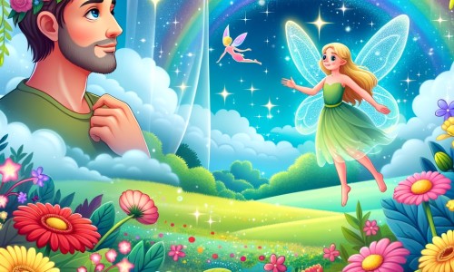 Une illustration destinée aux enfants représentant un homme rêveur, plongé dans un monde enchanté, accompagné d'une fée étincelante, dans une vallée verdoyante où des fleurs aux couleurs éclatantes dansent sous un ciel illuminé d'arcs-en-ciel.