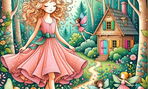 Une illustration pour enfants représentant une jeune femme souriante vivant dans une petite maison au bord de la forêt, qui va faire la rencontre d'une fée blessée.