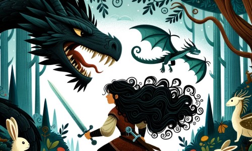 Une illustration destinée aux enfants représentant une femme courageuse aux cheveux noirs comme la nuit, affrontant un dragon féroce dans une forêt enchantée, accompagnée de créatures magiques.
