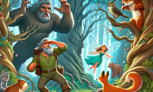 Une illustration destinée aux enfants représentant un homme courageux, se retrouvant dans une situation dangereuse, accompagné d'une fée enchantée, dans une forêt mystérieuse avec des arbres majestueux et des animaux curieux.