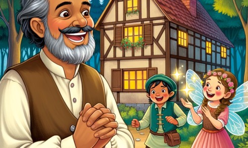 Une illustration pour enfants représentant un homme souriant, vivant dans une petite maison au bord de la forêt, où il rencontre une fée de la fortune et se voit accorder trois souhaits magiques.