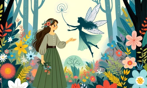 Une illustration destinée aux enfants représentant une jeune femme courageuse et solitaire, se trouvant dans une forêt enchantée remplie de fleurs multicolores, avec une fée virevoltante à ses côtés, prête à l'accompagner dans une quête magique.