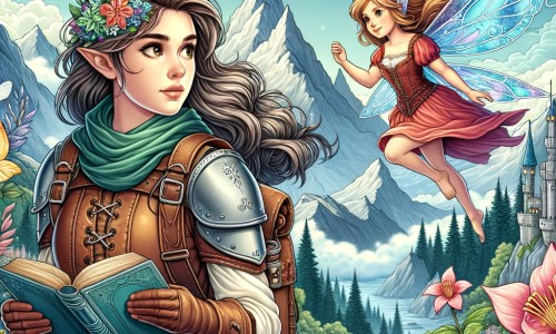 Une illustration destinée aux enfants représentant une jeune femme intrépide, plongée dans une aventure magique, accompagnée d'une fée aux ailes chatoyantes, dans un royaume féerique entouré de montagnes majestueuses et de jardins fleuris.