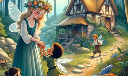 Une illustration pour enfants représentant une jeune femme bienveillante, vivant dans un village au cœur d'une forêt enchantée, où elle rencontre une fée blessée et entame un voyage magique à travers la nature féerique.