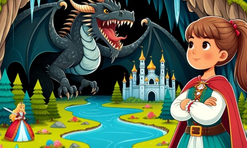 Une illustration destinée aux enfants représentant une jeune femme courageuse et sage, se tenant devant une imposante grotte sombre où un dragon féroce a enlevé une princesse, tandis qu'une rivière cristalline serpente à travers une forêt enchantée.