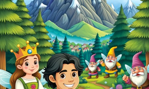 Une illustration destinée aux enfants représentant un homme au sourire amical, se trouvant dans une forêt enchantée entourée de montagnes majestueuses, accompagné d'une Reine des Fées, dans sa quête pour retrouver un objet mystérieux volé par les trolls.