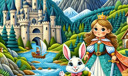 Une illustration destinée aux enfants représentant une princesse courageuse, accompagnée d'un petit lapin malicieux, dans un château majestueux entouré de montagnes verdoyantes et d'une rivière scintillante.