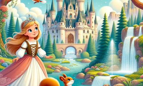Une illustration destinée aux enfants représentant une princesse courageuse, perdue dans une forêt enchantée, accompagnée d'un fidèle écureuil, dans un château majestueux entouré de jardins fleuris et de fontaines étincelantes.