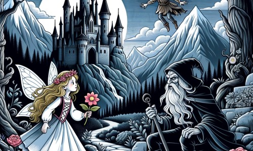 Une illustration destinée aux enfants représentant une princesse courageuse, accompagnée de sa fidèle fée des fleurs, affrontant un sombre sorcier dans un château lugubre, entouré de montagnes majestueuses et de forêts mystérieuses.