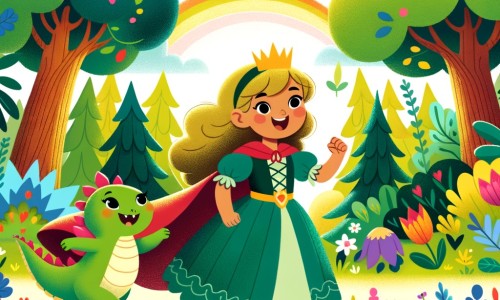 Une illustration destinée aux enfants représentant une princesse courageuse et déterminée, accompagnée de sa fidèle amie créature verte, explorant une forêt enchantée luxuriante avec des fleurs multicolores, des arbres majestueux et des animaux joyeux.