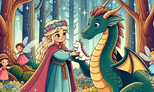 Une illustration destinée aux enfants représentant une princesse courageuse et aimable, qui vient en aide à un dragon blessé, dans une forêt enchantée remplie d'arbres majestueux, de fées étincelantes et de fleurs colorées.