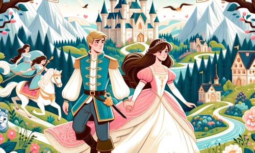 Une illustration destinée aux enfants représentant une princesse au cœur pur, se lançant dans une quête périlleuse accompagnée d'un prince courageux, à travers un royaume enchanté rempli de jardins fleuris, de forêts magiques et de montagnes majestueuses.