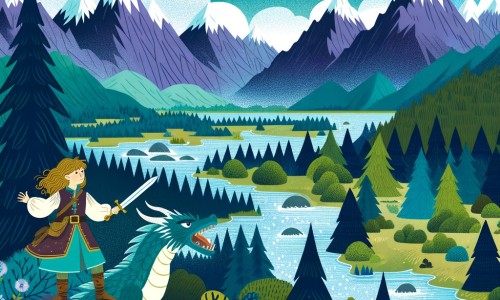 Une illustration destinée aux enfants représentant une princesse courageuse et déterminée, accompagnée d'un dragon blessé, qui se trouve dans un royaume enchanté entouré de montagnes majestueuses, de forêts verdoyantes et de rivières scintillantes.