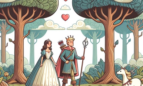 Une illustration destinée aux enfants représentant un prince courageux, en quête d'amour véritable, accompagné d'une princesse, dans une forêt interdite aux arbres majestueux touchant les nuages.
