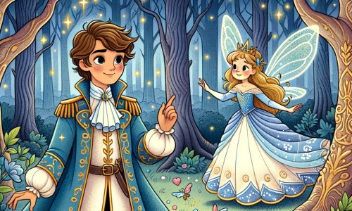 Une illustration destinée aux enfants représentant un jeune prince courageux, cherchant l'amour véritable, accompagné d'une fée aux ailes scintillantes, dans une forêt enchantée où les arbres dansent au rythme de la magie.