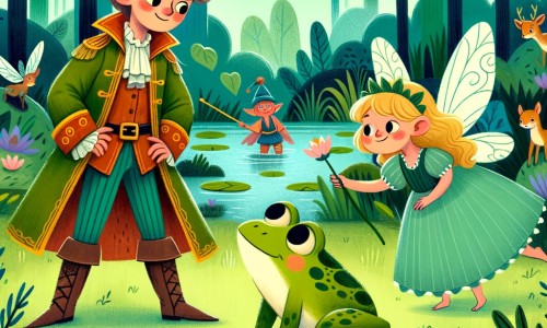 Une illustration destinée aux enfants représentant un prince courageux, transformé en grenouille, qui cherche l'amour véritable avec l'aide d'une fée, dans une forêt magique pleine de lily pads et de créatures enchantées.