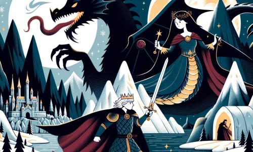 Une illustration pour enfants représentant un prince courageux partant à l'aventure pour sauver un royaume lointain d'un dragon géant, dans un monde fantastique et magique.