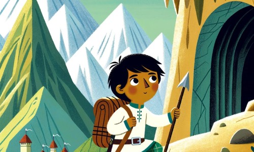 Une illustration pour enfants représentant un prince courageux se lançant dans une quête périlleuse à la recherche d'un trésor caché dans une grotte mystérieuse, située au sommet d'une montagne escarpée.